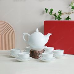 Bộ ấm trà Mẫu Đơn men trắng in logo