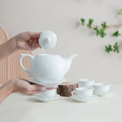 Bộ ấm trà Mẫu Đơn men trắng in logo