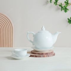 Bộ ấm trà Mẫu Đơn men trắng in logo
