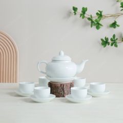 Bộ ấm trà ba men trắng in logo