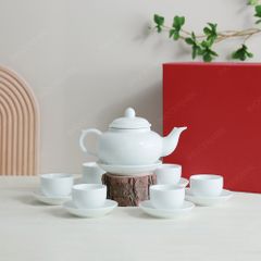 Bộ ấm trà ba men trắng in logo