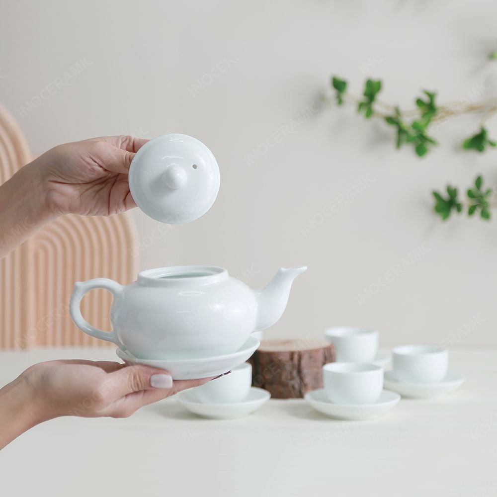 Bộ ấm trà ba men trắng in logo