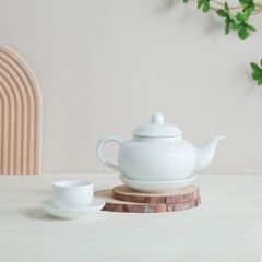 Bộ ấm trà ba men trắng in logo