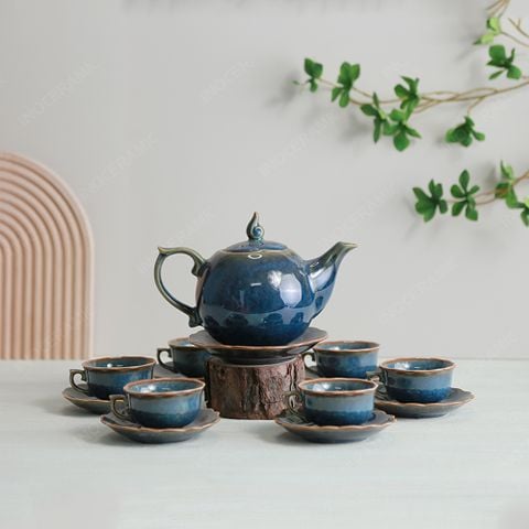 Bộ ấm trà Mẫu Đơn men lam hoả biến