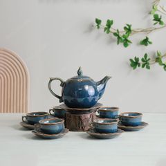 Bộ ấm trà Mẫu Đơn men lam hoả biến