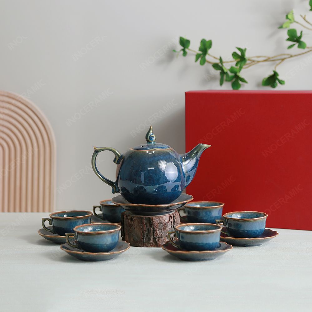 Bộ ấm trà Mẫu Đơn men lam hoả biến