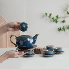 Bộ ấm trà Mẫu Đơn men lam hoả biến