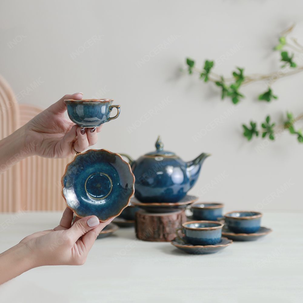 Bộ ấm trà Mẫu Đơn men lam hoả biến