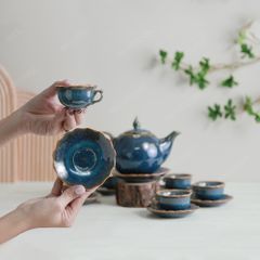 Bộ ấm trà Mẫu Đơn men lam hoả biến