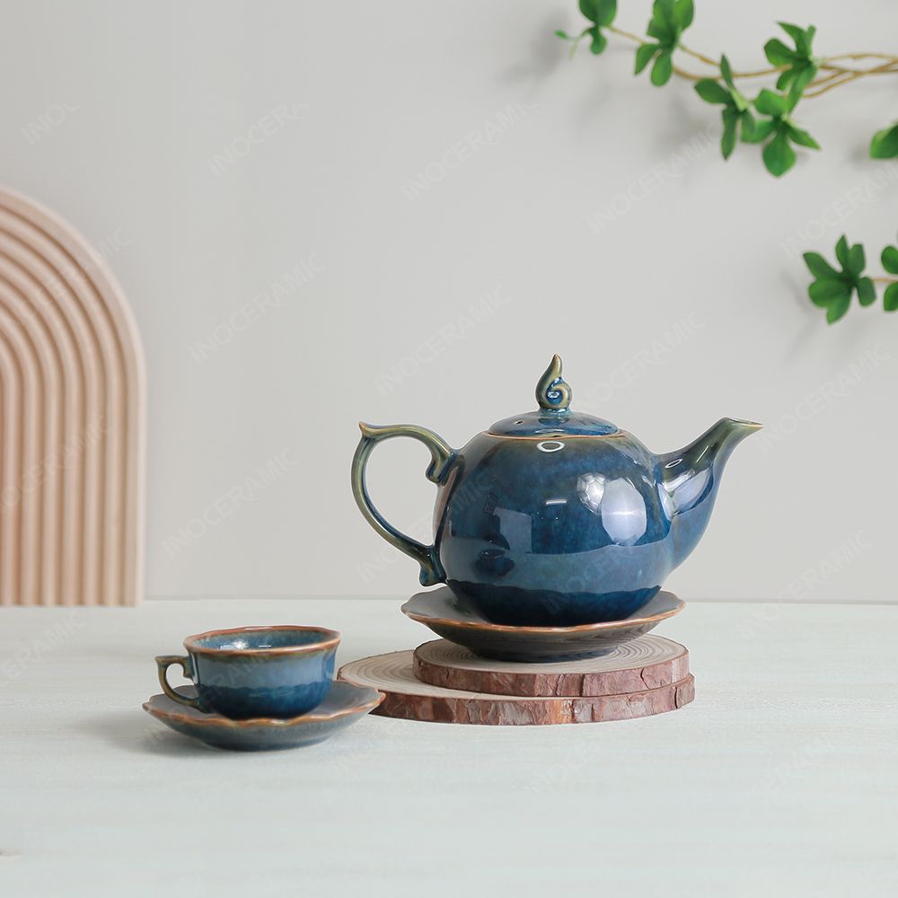 Bộ ấm trà Mẫu Đơn men lam hoả biến