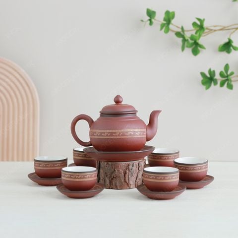 Bộ trà ấm dáng bí tử sa đỏ hạc vàng