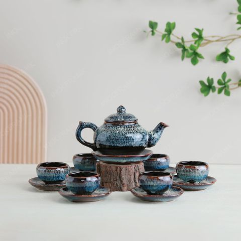 Bộ ấm trà Châu Sa bảo bình vân đá men hoả biến