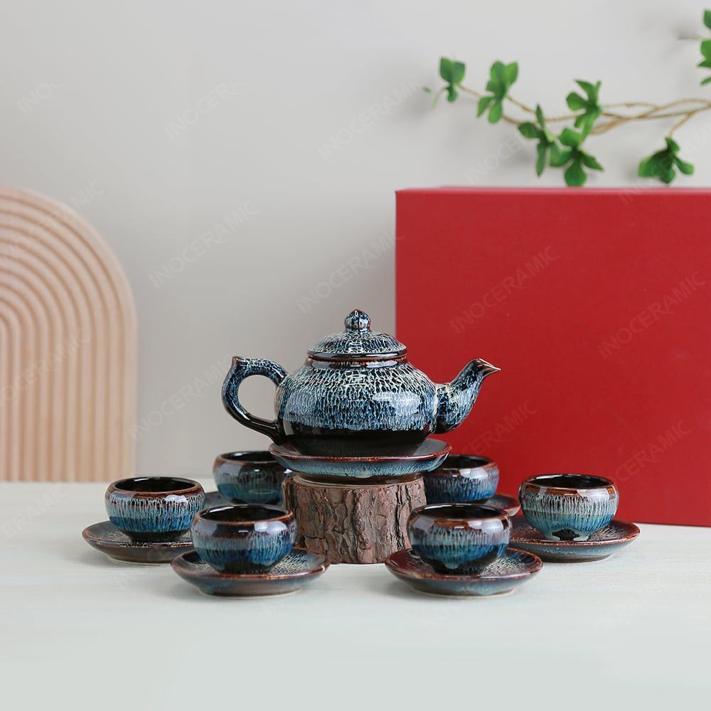 Bộ ấm trà Châu Sa bảo bình vân đá men hoả biến