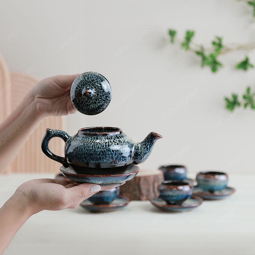 Bộ ấm trà Châu Sa bảo bình vân đá men hoả biến