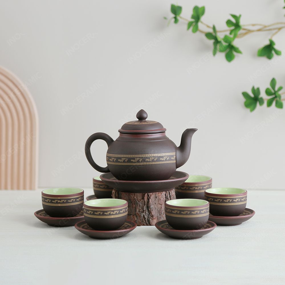 Bộ trà ấm dáng bí tử sa nâu hạc vàng