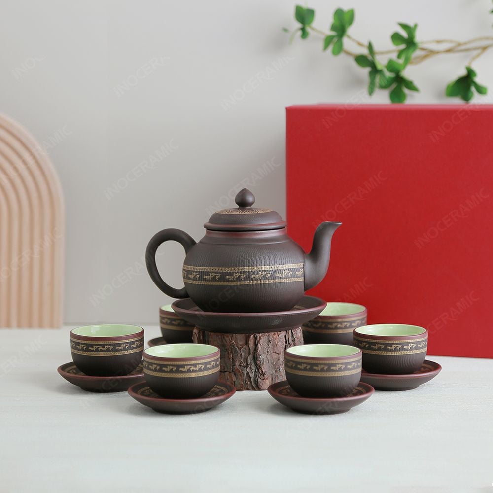 Bộ trà ấm dáng bí tử sa nâu hạc vàng