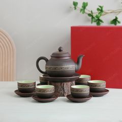 Bộ trà ấm dáng bí tử sa nâu hạc vàng