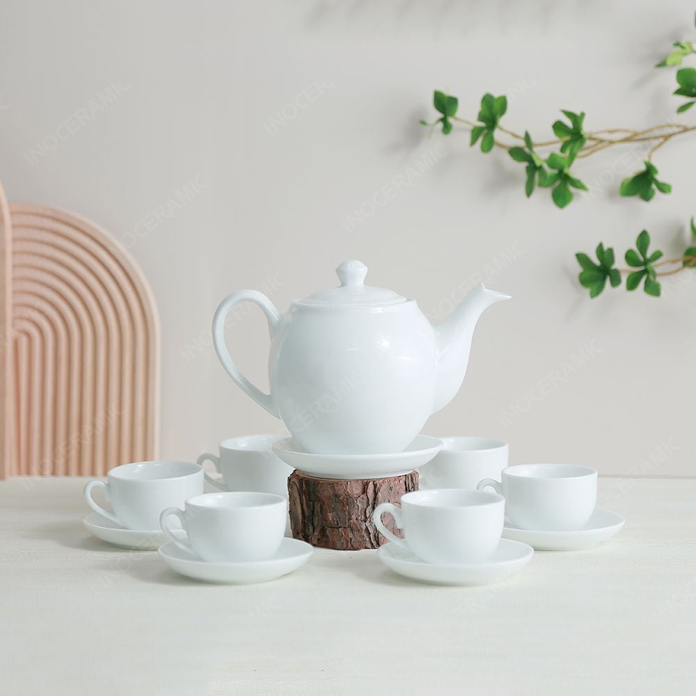 Bộ ấm trà dáng Minh Long men trắng in logo