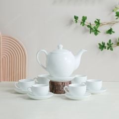 Bộ ấm trà dáng Minh Long men trắng in logo