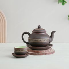 Bộ trà ấm dáng bí tử sa nâu hạc vàng