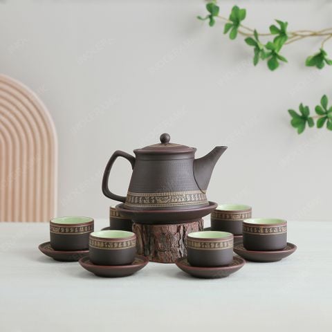 Bộ ấm trà Trống Đồng tử sa nâu