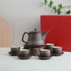 Bộ ấm trà Trống Đồng tử sa nâu