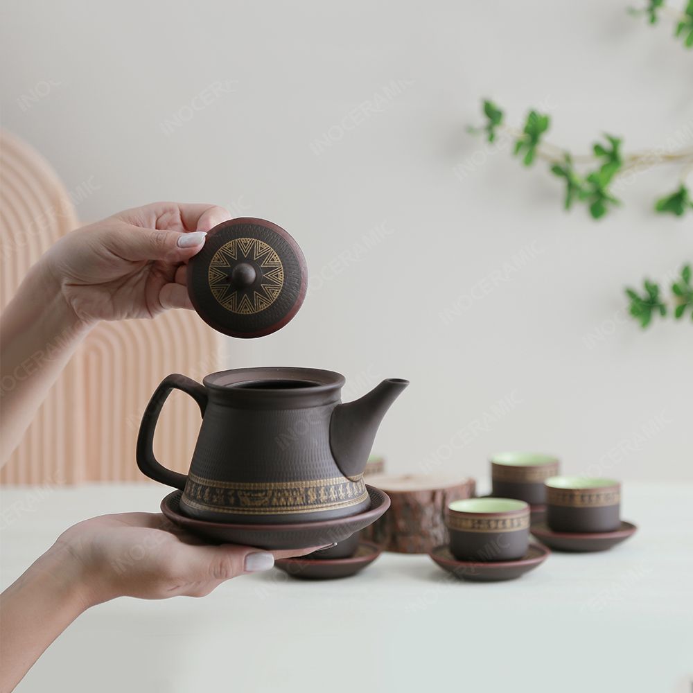 Bộ ấm trà Trống Đồng tử sa nâu