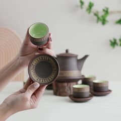 Bộ ấm trà Trống Đồng tử sa nâu