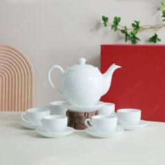 Bộ ấm trà dáng Minh Long men trắng in logo