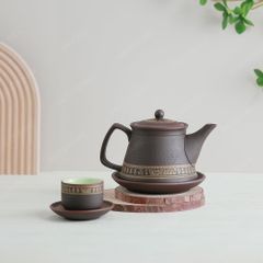 Bộ ấm trà Trống Đồng tử sa nâu