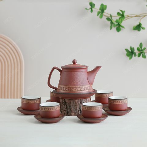Bộ ấm trà Trống Đồng tử sa đỏ