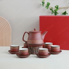 Bộ ấm trà Trống Đồng tử sa đỏ