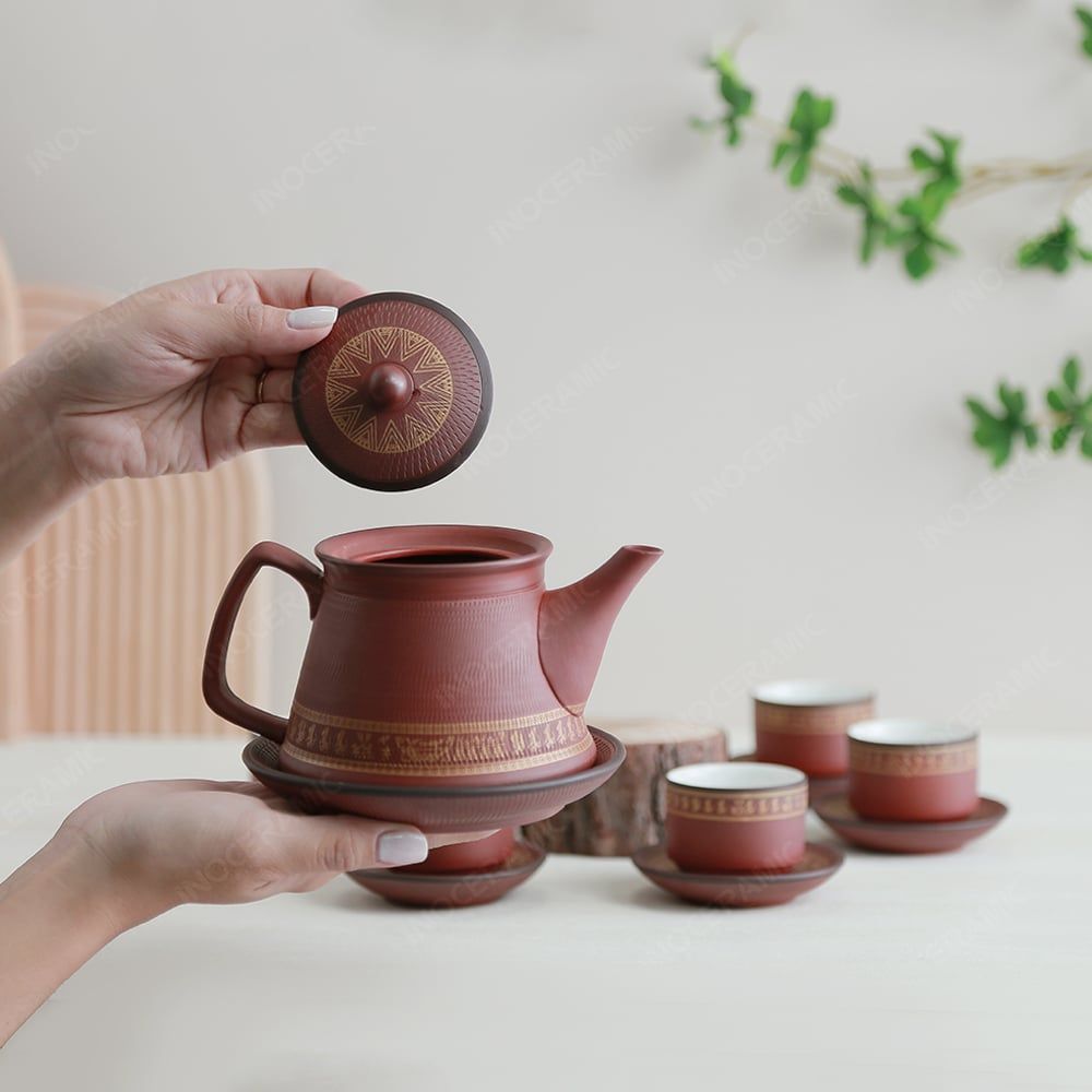 Bộ ấm trà Trống Đồng tử sa đỏ