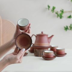 Bộ ấm trà Trống Đồng tử sa đỏ