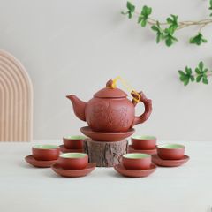 Bộ ấm trà Châu hoa tử sa đỏ khắc sen