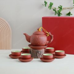 Bộ ấm trà Châu hoa tử sa đỏ khắc sen