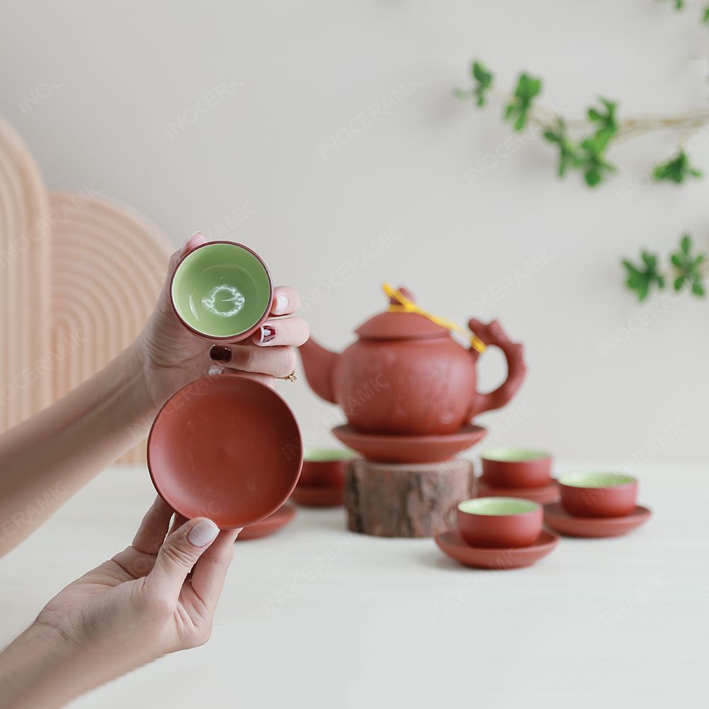 Bộ ấm trà Châu hoa tử sa đỏ khắc sen