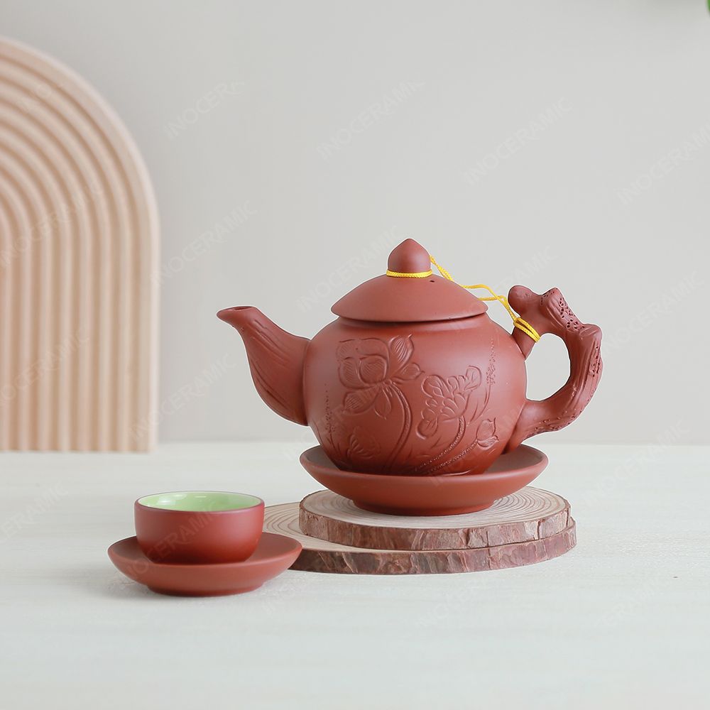 Bộ ấm trà Châu hoa tử sa đỏ khắc sen