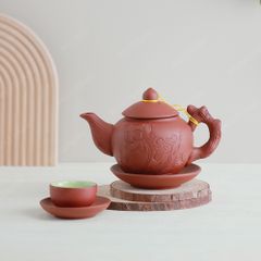 Bộ ấm trà Châu hoa tử sa đỏ khắc sen