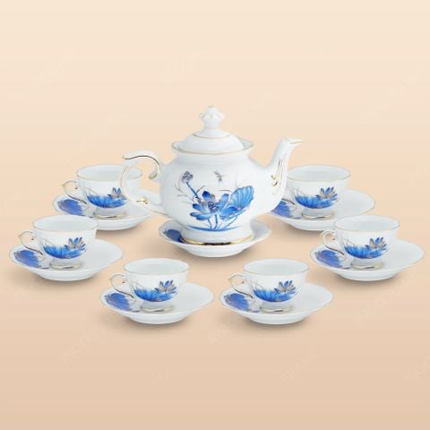 Bộ ấm trà Đài Các miệng lượn sen xanh vẽ vàng