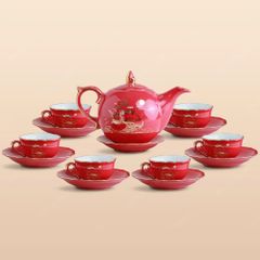 Bộ ấm trà Mẫu Đơn men đỏ Thuận buồm kẻ chỉ vàng