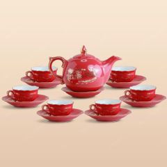 Bộ ấm trà Mẫu Đơn men đỏ Hào gia phú quý vẽ vàng