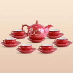 Bộ ấm trà Mẫu Đơn men đỏ sen vàng vẽ vàng