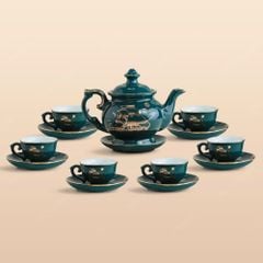Bộ ấm trà Đài Các men lam Thuận buồm kẻ chỉ vàng