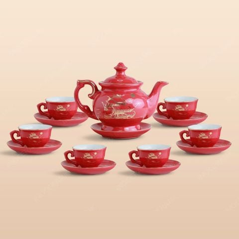 Bộ ấm trà Đài Các men đỏ Thuận buồm kẻ chỉ vàng