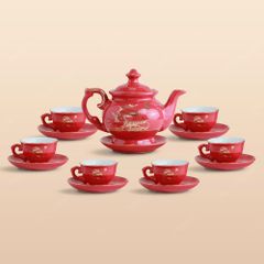 Bộ ấm trà Đài Các men đỏ Thuận buồm kẻ chỉ vàng