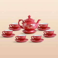 Bộ ấm trà Đài Các men đỏ Sen vàng vẽ vàng