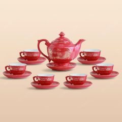 Bộ ấm trà Đèn Thần men đỏ Hào gia phú quý kẻ chỉ vàng