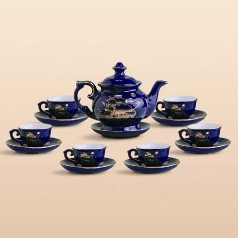 Bộ ấm trà Đài Các men tím than Thuận buồm kẻ chỉ vàng