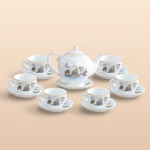 Bộ ấm trà Camelia sơn thuỷ kẻ chỉ vàng